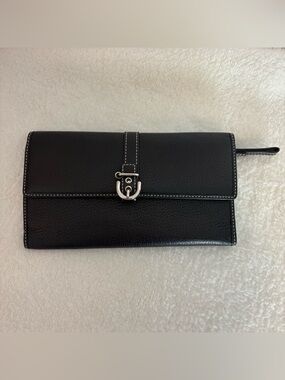 Coach Black Leather Envelope Wallet Clutch with Silver Buckle